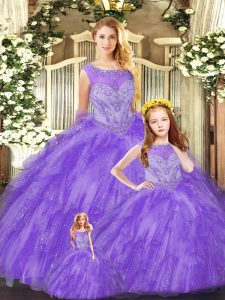 Latest Sleeveless Organza Floor Length Lace Up Sweet 16 Dresses in Eggplant Purple with Beading and Ruffles