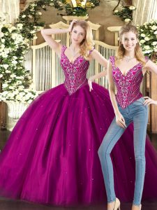  Sleeveless Tulle Floor Length Lace Up Vestidos de Quinceanera in Fuchsia with Beading