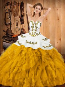 Customized Gold Ball Gowns Strapless Sleeveless Satin and Organza Floor Length Lace Up Embroidery and Ruffles Quince Ball Gowns