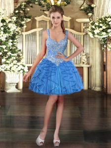  Mini Length Baby Blue Prom Dresses Straps Sleeveless Lace Up
