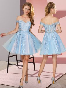 Hot Sale Off The Shoulder Sleeveless Damas Dress Mini Length Appliques Light Blue Tulle