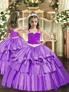 Beautiful Lavender Ball Gowns Straps Sleeveless Organza Floor Length Lace Up Appliques and Ruffled Layers Little Girls Pageant Dress