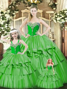  Green Ball Gowns Beading and Ruffled Layers Sweet 16 Quinceanera Dress Lace Up Organza Sleeveless Floor Length