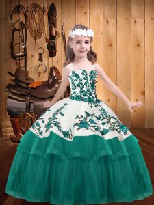 New Arrival Turquoise Lace Up Straps Embroidery Kids Pageant Dress Organza Sleeveless