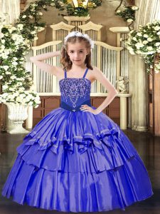  Blue Lace Up Straps Beading and Ruffled Layers Little Girl Pageant Dress Organza Sleeveless