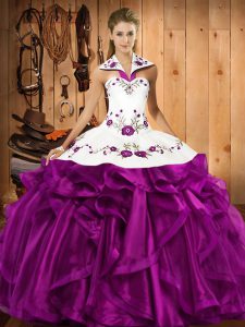 Organza Halter Top Sleeveless Lace Up Embroidery and Ruffles Quinceanera Gown in Eggplant Purple