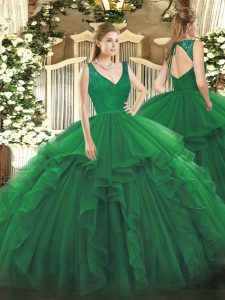 High Class Dark Green Ball Gowns Organza V-neck Sleeveless Beading and Ruffles Floor Length Zipper Sweet 16 Dress