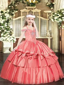 Eye-catching Coral Red Ball Gowns Beading and Ruffled Layers Pageant Gowns For Girls Lace Up Organza Sleeveless Floor Length