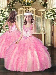 Excellent Sleeveless Floor Length Beading and Ruffles Lace Up Little Girls Pageant Dress Wholesale with Rose Pink 