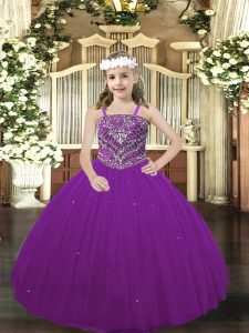 Fancy Purple Tulle Lace Up Kids Pageant Dress Sleeveless Floor Length Beading