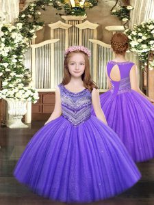 Customized Lavender Tulle Lace Up Girls Pageant Dresses Sleeveless Floor Length Beading