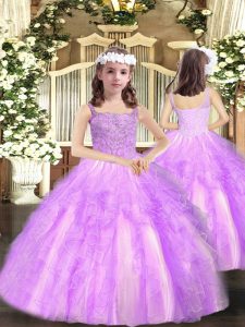 Customized Lilac Sleeveless Floor Length Beading and Ruffles Lace Up Party Dress