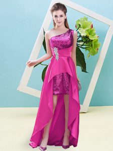 Decent Fuchsia A-line One Shoulder Sleeveless Elastic Woven Satin and Sequined High Low Lace Up Beading and Sequins Prom Gown