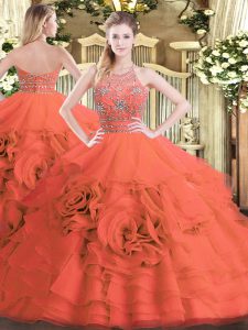  Sleeveless Floor Length Beading and Ruffled Layers Zipper Quinceanera Gowns with Red