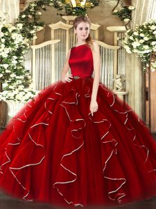 Sleeveless Organza Floor Length Clasp Handle Ball Gown Prom Dress in Wine Red with Ruffles