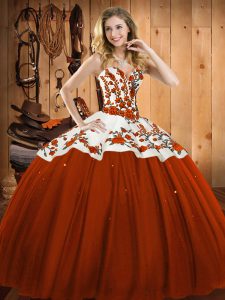 Dramatic Rust Red Quinceanera Gowns Military Ball and Sweet 16 and Quinceanera with Embroidery Sweetheart Sleeveless Lace Up