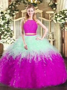  Floor Length Zipper 15th Birthday Dress Multi-color for Military Ball and Sweet 16 and Quinceanera with Ruffles