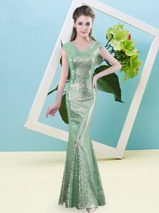 Simple V-neck Cap Sleeves Dress for Prom Floor Length Sequins Turquoise Sequined