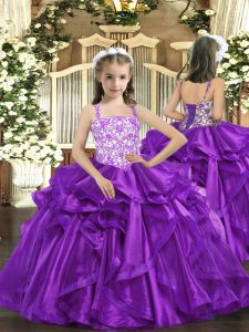  Straps Sleeveless Lace Up Little Girls Pageant Dress Wholesale Eggplant Purple Organza