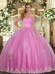 Great Sleeveless Tulle Floor Length Lace Up 15 Quinceanera Dress in Rose Pink with Beading and Appliques