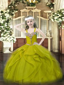 Elegant Olive Green Ball Gowns Beading and Ruffles Little Girl Pageant Dress Lace Up Organza Sleeveless Floor Length