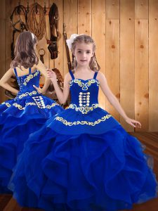 Excellent Sleeveless Floor Length Embroidery Lace Up Little Girl Pageant Gowns with Royal Blue