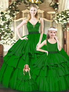  Green Sleeveless Beading and Ruffled Layers Floor Length Quince Ball Gowns