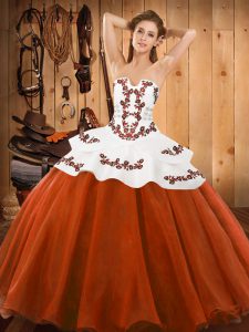 Customized Rust Red Ball Gown Prom Dress Military Ball and Sweet 16 and Quinceanera with Embroidery Strapless Sleeveless Lace Up