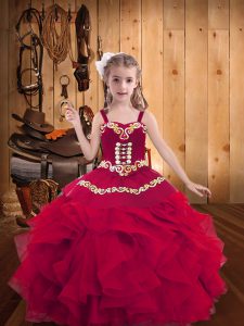  Red Organza Lace Up Straps Sleeveless Floor Length Kids Pageant Dress Embroidery and Ruffles