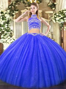  Blue Backless Quinceanera Gown Beading Sleeveless Floor Length