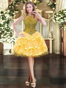 Attractive Organza Cap Sleeves Mini Length Dress for Prom and Beading and Ruffled Layers