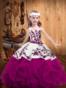 Stunning Fuchsia Little Girls Pageant Gowns Sweet 16 and Quinceanera with Embroidery and Ruffles Straps Sleeveless Lace Up