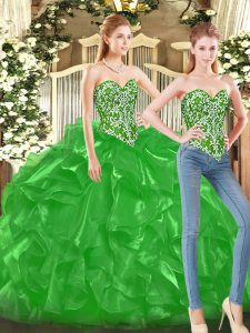 Elegant Green Ball Gowns Beading and Ruffles Vestidos de Quinceanera Lace Up Tulle Sleeveless Floor Length