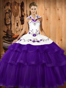 High Quality Sweep Train Ball Gowns 15 Quinceanera Dress Purple Halter Top Organza Sleeveless Lace Up
