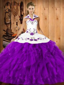  Eggplant Purple Sleeveless Floor Length Embroidery and Ruffles Lace Up Quinceanera Dresses