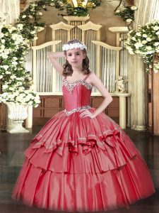  Straps Sleeveless Little Girl Pageant Gowns Floor Length Beading and Ruffled Layers Coral Red Organza and Taffeta