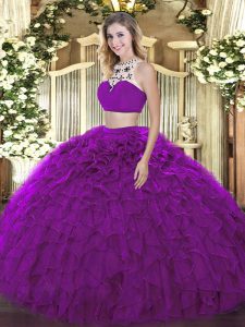  Purple Sleeveless Beading and Ruffles Floor Length Sweet 16 Dress