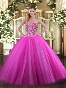 Free and Easy Sleeveless Tulle Floor Length Lace Up Ball Gown Prom Dress in Fuchsia with Beading