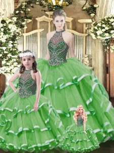 Artistic Green Ball Gowns Tulle Halter Top Sleeveless Beading and Ruffled Layers Floor Length Lace Up Quinceanera Dress