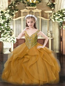  Brown Ball Gowns Tulle V-neck Sleeveless Beading and Ruffles Floor Length Lace Up Little Girl Pageant Dress