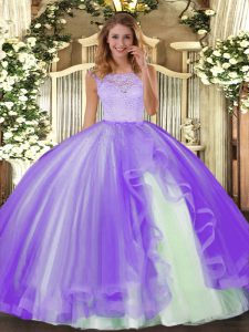 Lavender 15th Birthday Dress Military Ball and Sweet 16 and Quinceanera with Lace and Ruffles Scoop Sleeveless Clasp Handle