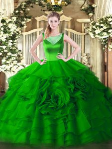 Glamorous Green Organza Zipper Scoop Sleeveless Floor Length Vestidos de Quinceanera Beading and Ruffled Layers