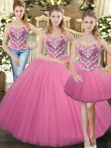  Rose Pink Tulle Lace Up Sweetheart Sleeveless Floor Length Quinceanera Dresses Beading