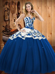 Fancy Blue Sleeveless Floor Length Embroidery Lace Up Quinceanera Dresses