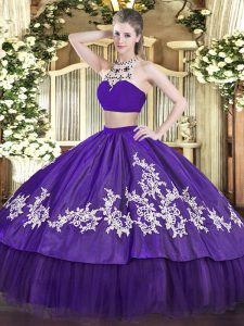 Gorgeous Purple Two Pieces Tulle High-neck Sleeveless Beading and Appliques Floor Length Backless Quinceanera Dress