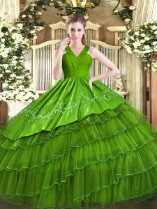  Olive Green Sleeveless Floor Length Embroidery and Ruffled Layers Zipper Sweet 16 Dress