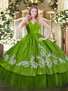  V-neck Sleeveless Quince Ball Gowns Floor Length Embroidery Olive Green Satin and Tulle