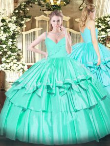 Floor Length Zipper Sweet 16 Quinceanera Dress Turquoise for Military Ball and Sweet 16 and Quinceanera with Ruffled Layers