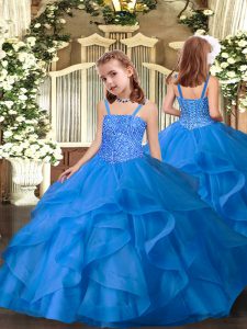 Perfect Blue Sleeveless Floor Length Beading and Ruffles Lace Up Kids Pageant Dress