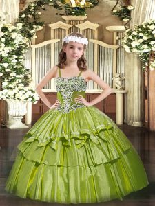  Straps Sleeveless Lace Up Kids Pageant Dress Olive Green Organza